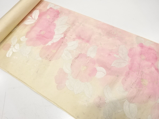 アンティーク　椿模様織り出し　名古屋帯地反物